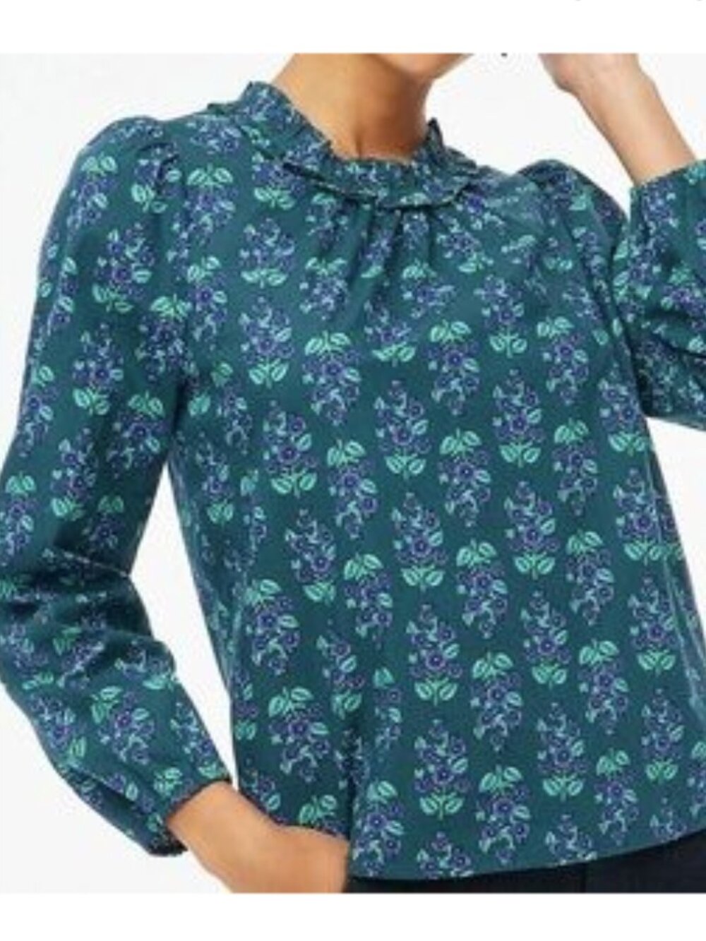 J. Crew Green & Blue Floral Long Sleeve Ruffle Neck Poplin Blouse Size M